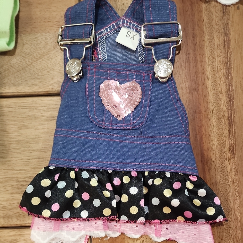 Chic Denim Pet Dress with Heart and Polka Dots plus 6 More Outfits For An XS dog